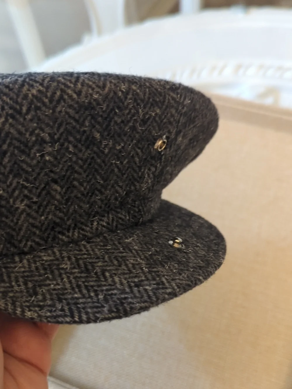 Vintage Sima Int. 100% Pure Wool Herringbone Skipper Cap Hat Black Grey  XL